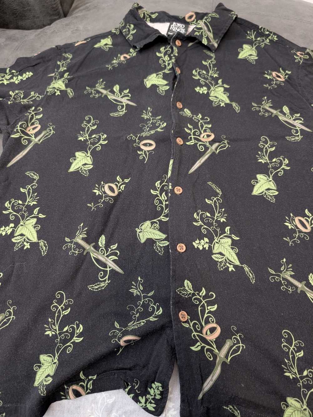 Black LOTR Short-Sleeve Button-Up Shirt with Green Botanical Print